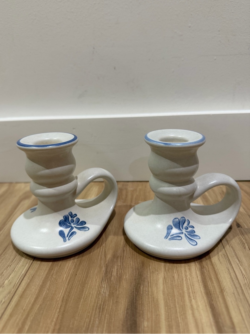 Vintage Stoneware Blue Floral Candlestick Holders 2 Ceramic Taper Candle Holders